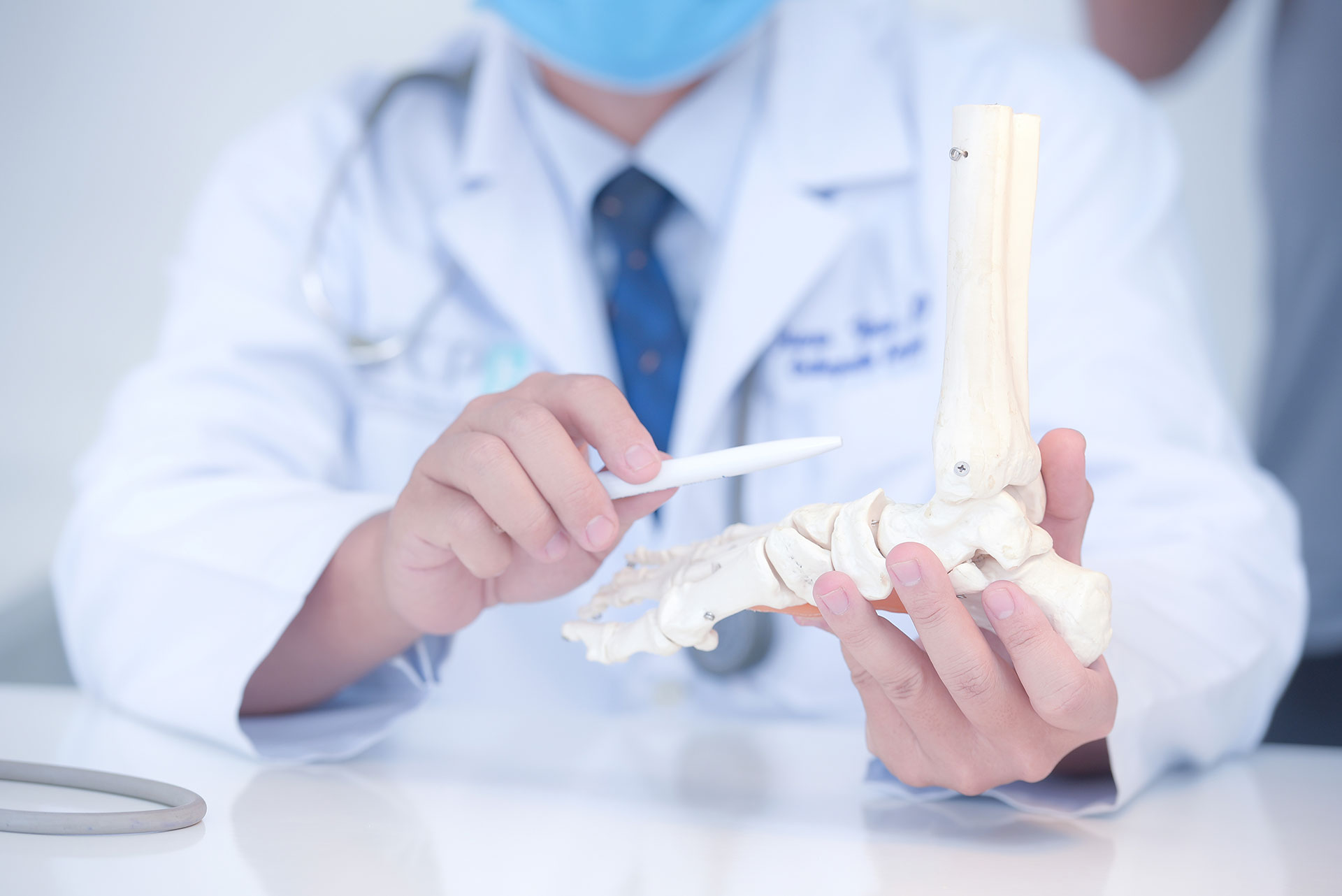 doctor holding a skeleton of a foot pointing to the ankle