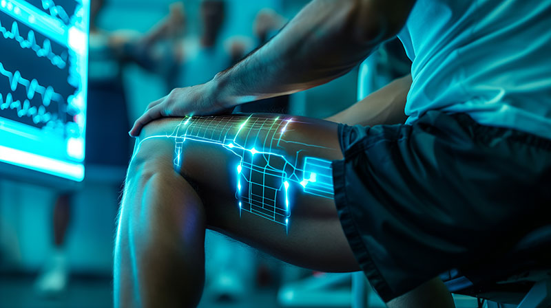 the thigh muscle of a patient with an overlay of circuitry lights